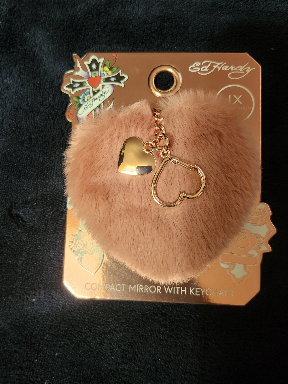 Ed Hardy Faux Fur Heart Compact Mirror Keychain Heart Compact Mirror Keychain in